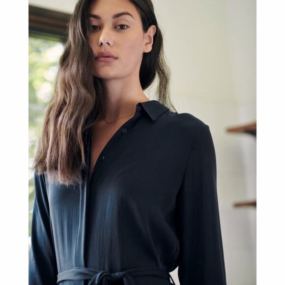 NWT Quince Silk Stretch Shirt Dress XS in Blue - Picture 4 of 16